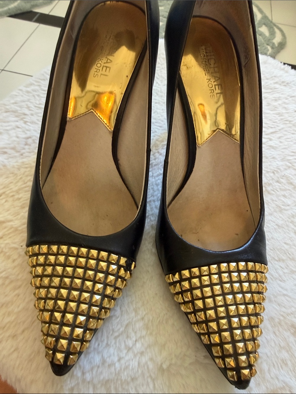 Michael Kors Black Pointed Toe Pumps with Gold Studded Cap